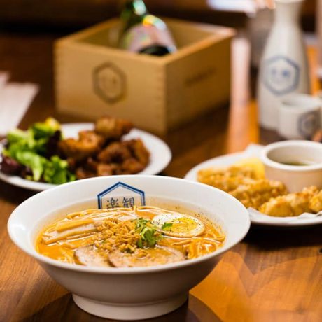 Food image of RAKKAN RAMEN, ramen, crispy chicken, gyoza, wine and sake